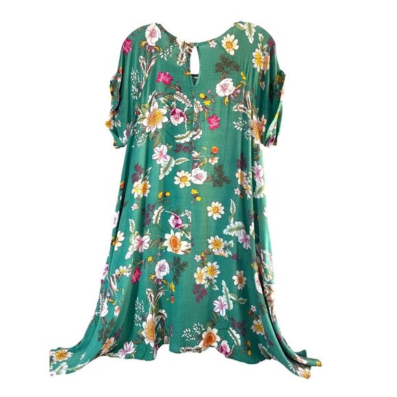 Umgee Womens Dress Green Floral Hi Lo Asymmetrical Sheer Cap Sleeves Round Neck - Picture 2 of 6